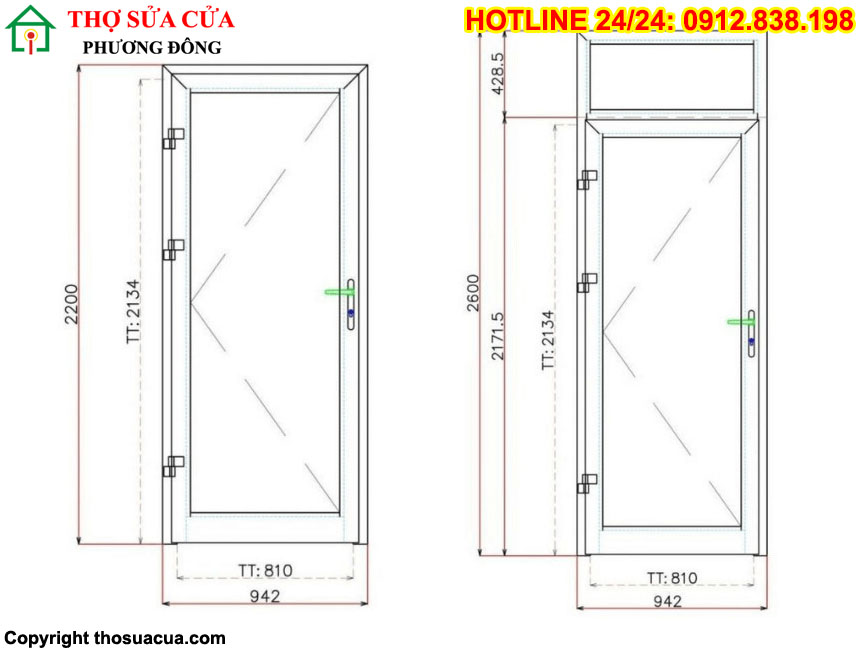 Kích thước cửa phòng ngủ nhôm kính
