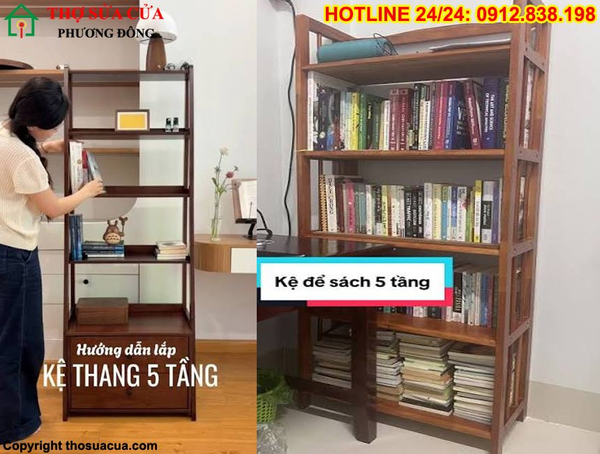 Cách lắp kệ sách gỗ 5 tầng